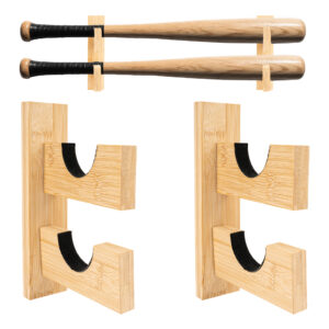 Baseball Bat Display, 2-Pack Double-Tier Solid Hardwood Racks with Felt-Lined Hooks, Horizontal Baseball/Softball Bat Holder for Memorabilia, Screws & Anchors