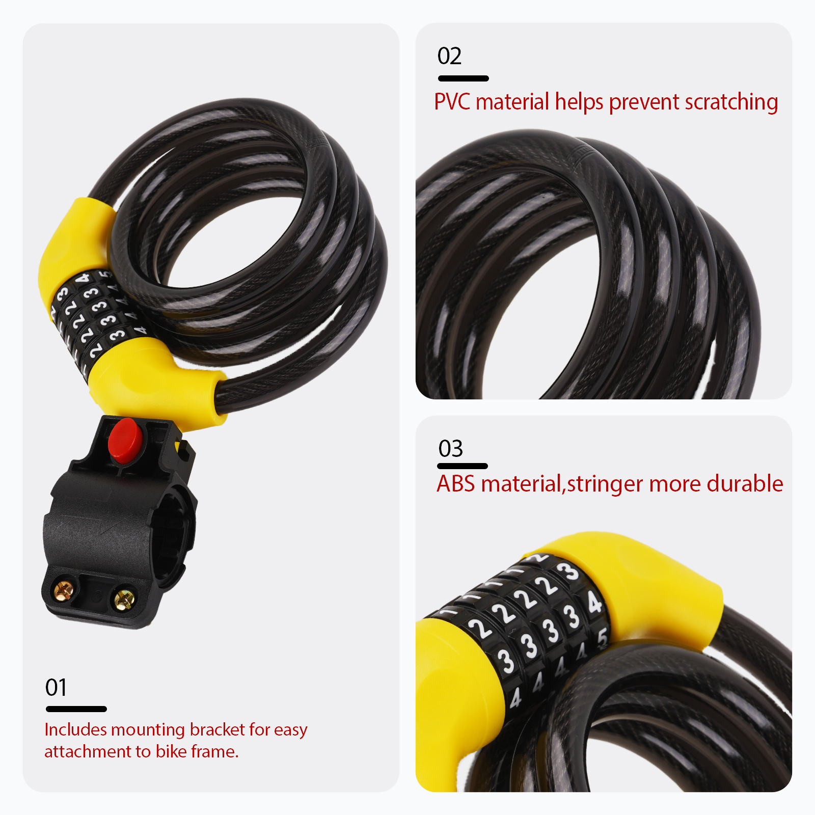 4-Digit Combination Bike Cable Lock, Portable Resettable Steel Cable, Yellow - Image 6