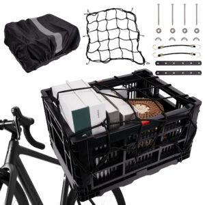 Bike Basket Rear – Folding Large Capacity Bicycle Storage Basket with Waterproof Cover, Collapsible Bike Milk Crate for Shopping, Outings, and Pet Transport, Great for E-Bikes, Black
