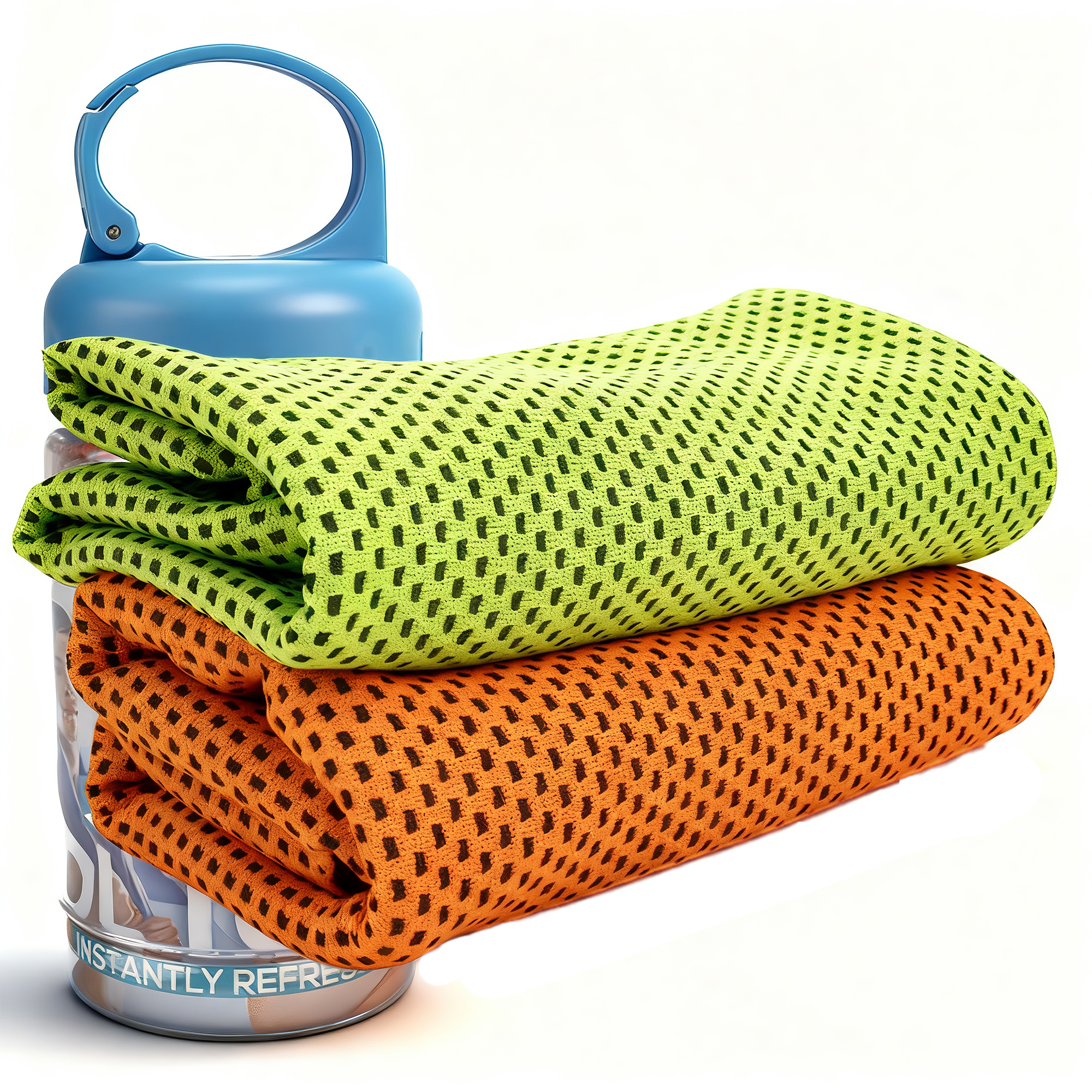 Cooling Towel Set for Tennis, Gym & Outdoor — Instant Cooling Mesh Microfiber, with 1 Bottle Carriers & 2 Colors: Bright Green, Orange