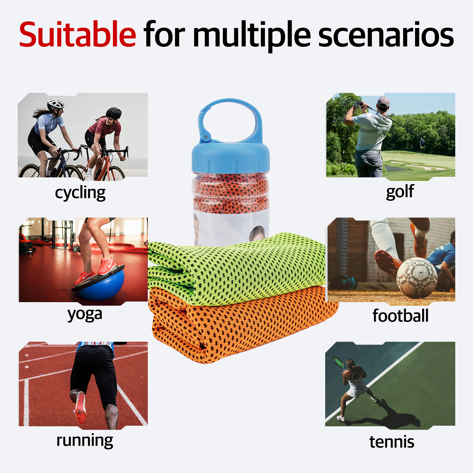 Cooling Towel Set for Tennis, Gym & Outdoor — Instant Cooling Mesh Microfiber, with 1 Bottle Carriers & 2 Colors: Bright Green, Orange - Image 4