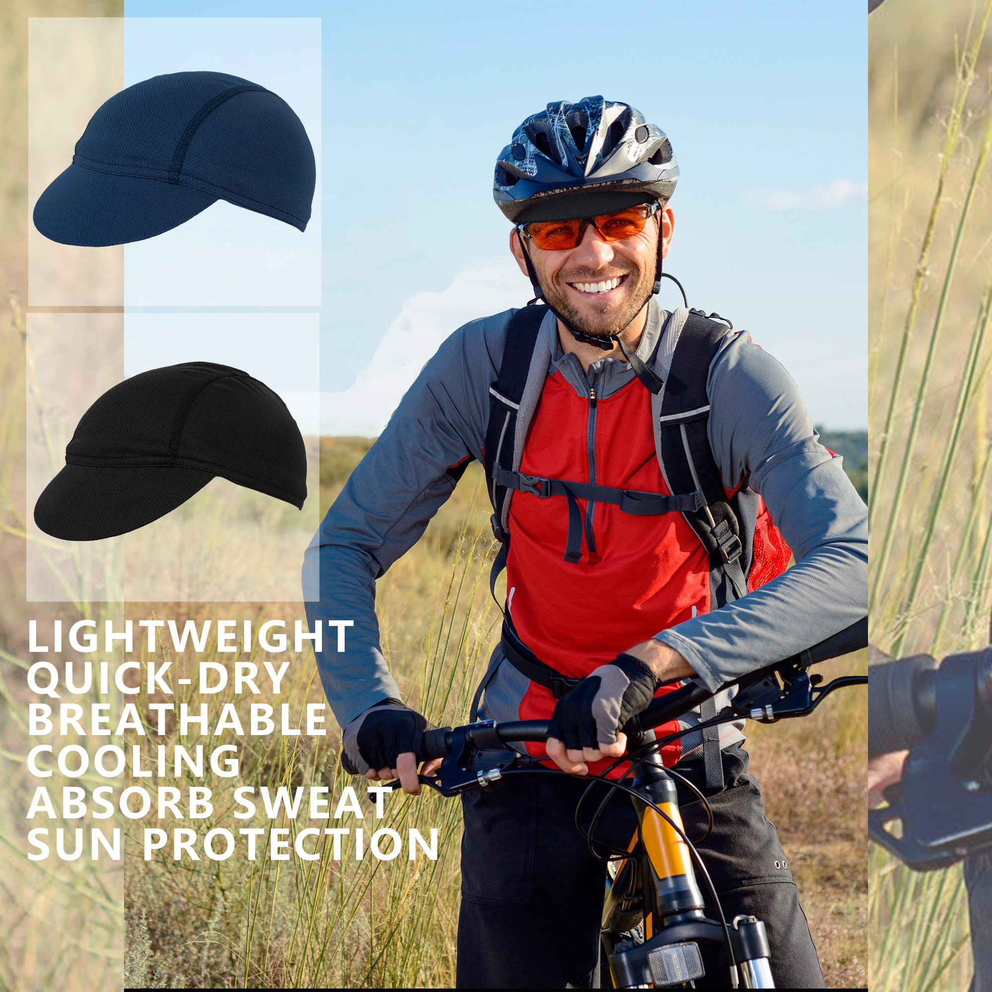 Mens Cycling Caps, Cycling Caps 2-Pack, Breathable Net-Weaving Mesh Under-Helmet Bike Hat with Short Brim, Black & Dark Blue, Lightweight Moisture-Wicking Unisex - Image 5