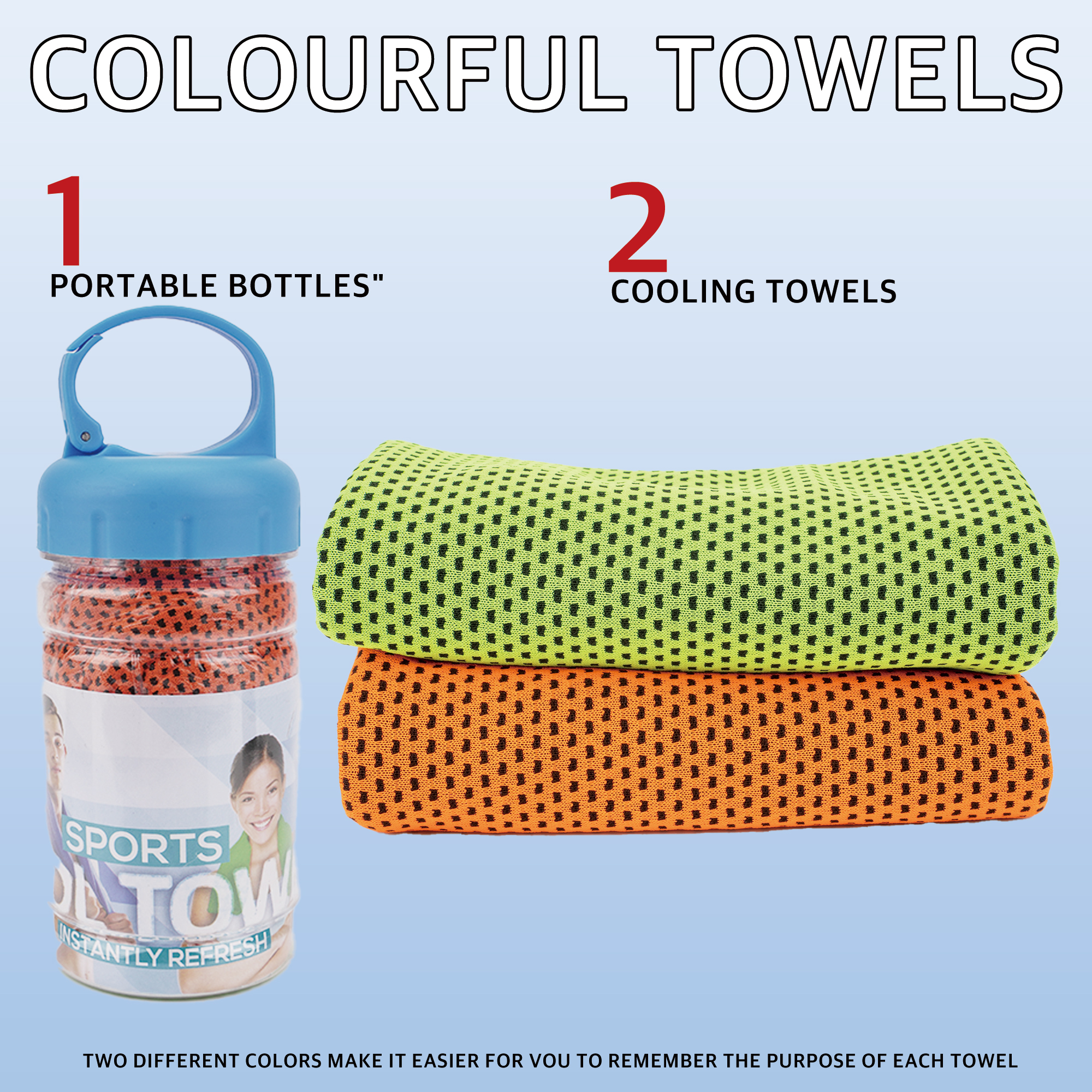 Cooling Towel Set for Tennis, Gym & Outdoor — Instant Cooling Mesh Microfiber, with 1 Bottle Carriers & 2 Colors: Bright Green, Orange - Image 5